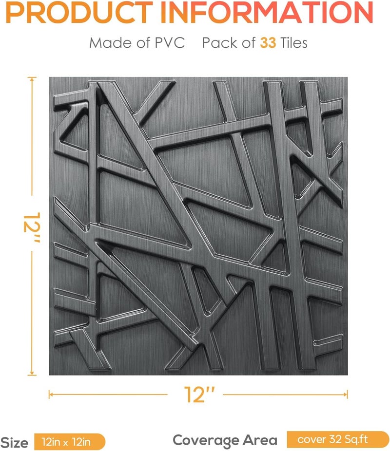 LEVOWAY 33 Pack 3D Wall Panels for Interior Wall Decor, 12''x12'' Brushed Silver Accent Textured Wall Panels, Wall Covering Panles for Living Room, Gaming Room, TV Background, Cover 32 Sq.Ft - Image 5